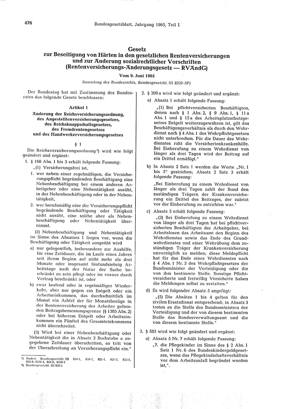 bgbl Bundesgesetzblatt Teil I 1965 Nr. 25 vom 15.06.1965 bgbl165s0476 Seite 01 klein