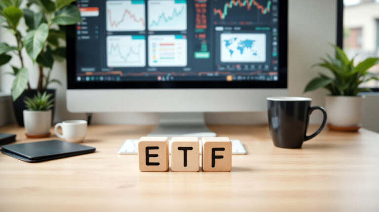 a wooden blocks with letters "ETF" on a desk
