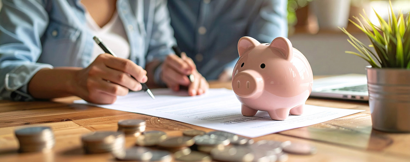 Saving money concept. Couple reviewing financial documents with