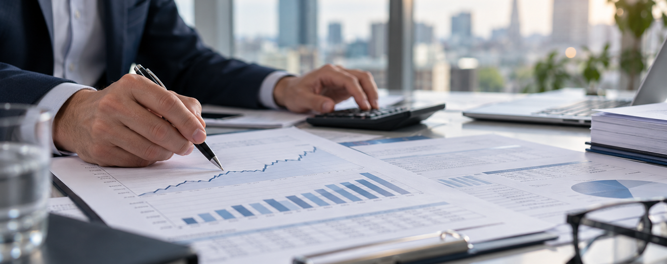 Mann im Anzug tippt am Taschenrechner und analysiert die Statistik