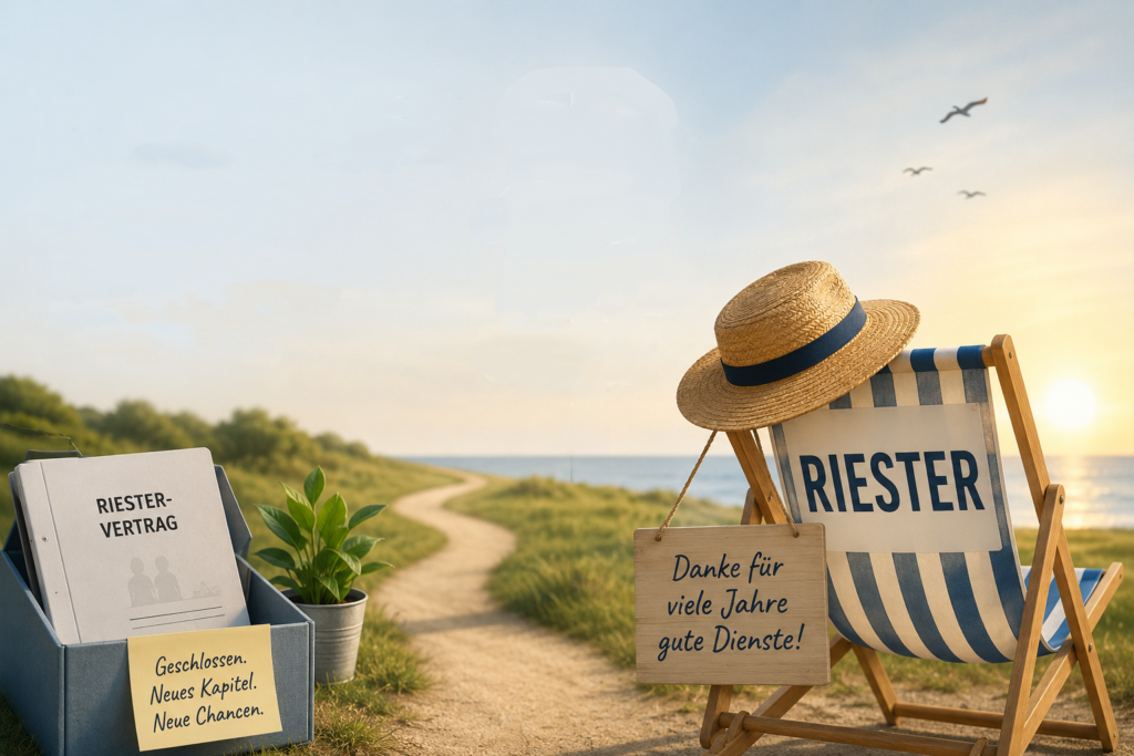 Eine Sonnen liege steht am Strandweg in den Dünen. Auf dem Stuhl steht Riester. Ein Schild hängt am Stuhl mit dem Text: "Ich bin in Rente"